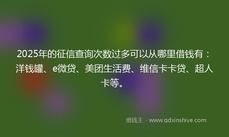 2025年的征信查询次数过多可以从哪里借钱有：洋钱罐、e微贷、美团生活费、维信卡卡贷、超人卡等。