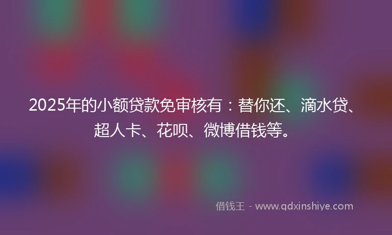 2025年的小额贷款免审核有：替你还、滴水贷、超人卡、花呗、微博借钱等。