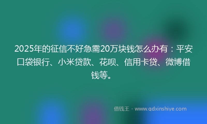 2025年的征信不好急需20万块钱怎么办有：平安口袋银行、小米贷款、花呗、信用卡贷、微博借钱等。
