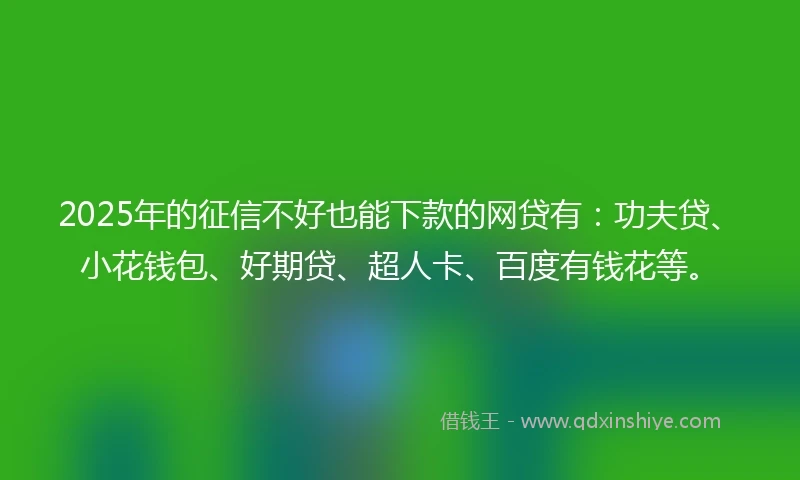 2025年的征信不好也能下款的网贷有：功夫贷、小花钱包、好期贷、超人卡、百度有钱花等。