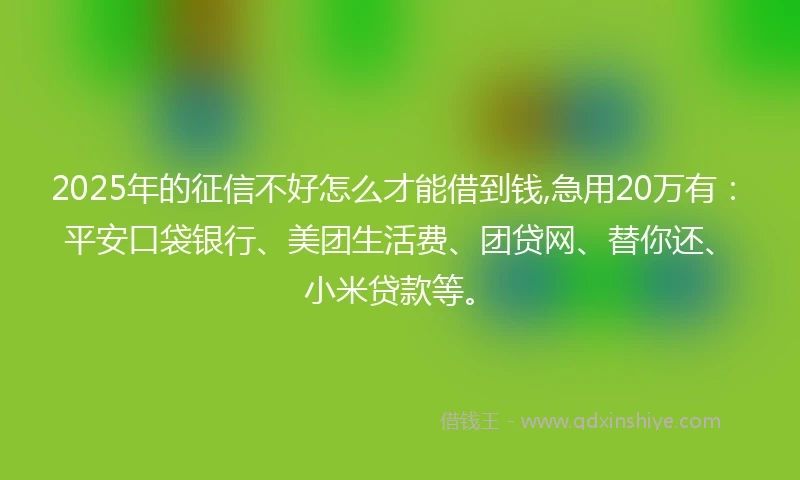 2025年的征信不好怎么才能借到钱,急用20万有：平安口袋银行、美团生活费、团贷网、替你还、小米贷款等。