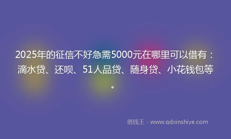 2025年的征信不好急需5000元在哪里可以借有：滴水贷、还呗、51人品贷、随身贷、小花钱包等。