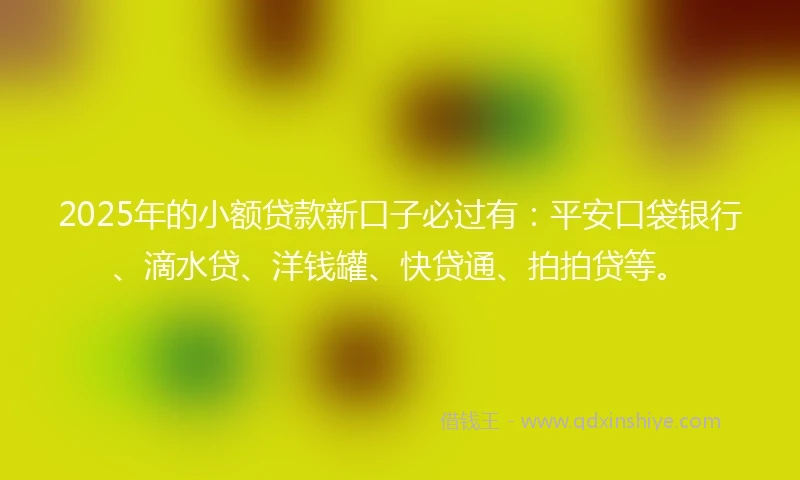 2025年的小额贷款新口子必过有：平安口袋银行、滴水贷、洋钱罐、快贷通、拍拍贷等。