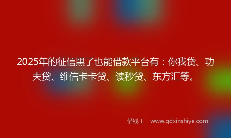 2025年的征信黑了也能借款平台有：你我贷、功夫贷、维信卡卡贷、读秒贷、东方汇等。