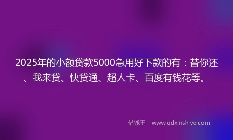 2025年的小额贷款5000急用好下款的有：替你还、我来贷、快贷通、超人卡、百度有钱花等。