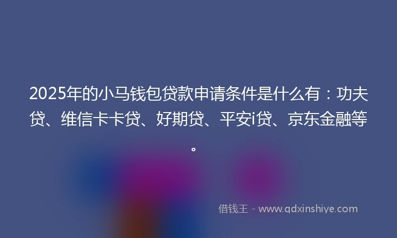 2025年的小马钱包贷款申请条件是什么有：功夫贷、维信卡卡贷、好期贷、平安i贷、京东金融等。