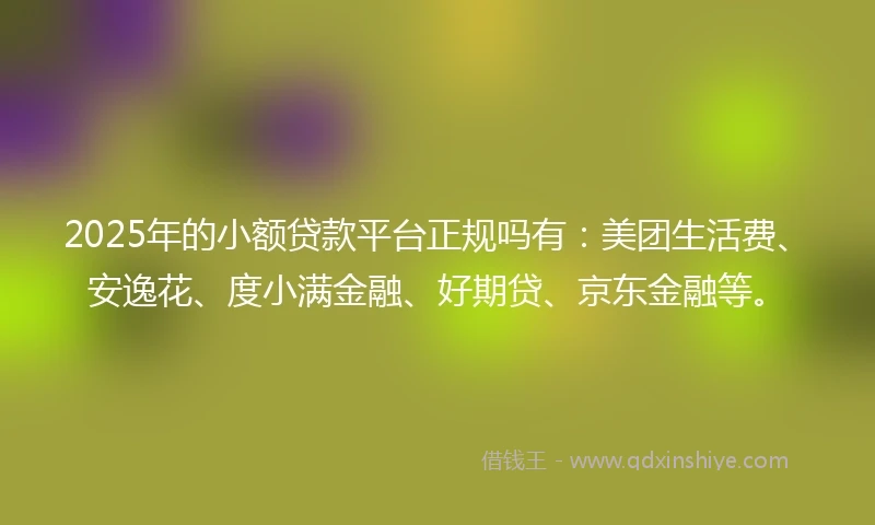 2025年的小额贷款平台正规吗有：美团生活费、安逸花、度小满金融、好期贷、京东金融等。
