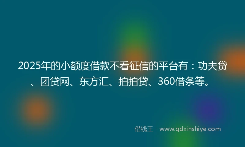 2025年的小额度借款不看征信的平台有：功夫贷、团贷网、东方汇、拍拍贷、360借条等。