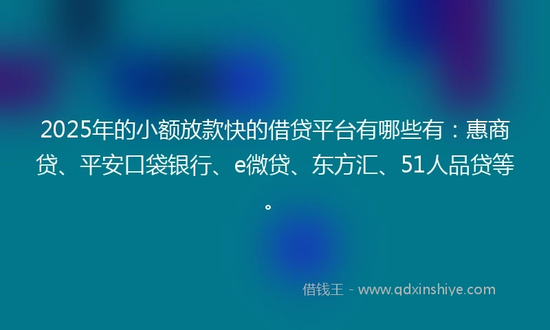 2025年的小额放款快的借贷平台有哪些有：惠商贷、平安口袋银行、e微贷、东方汇、51人品贷等。