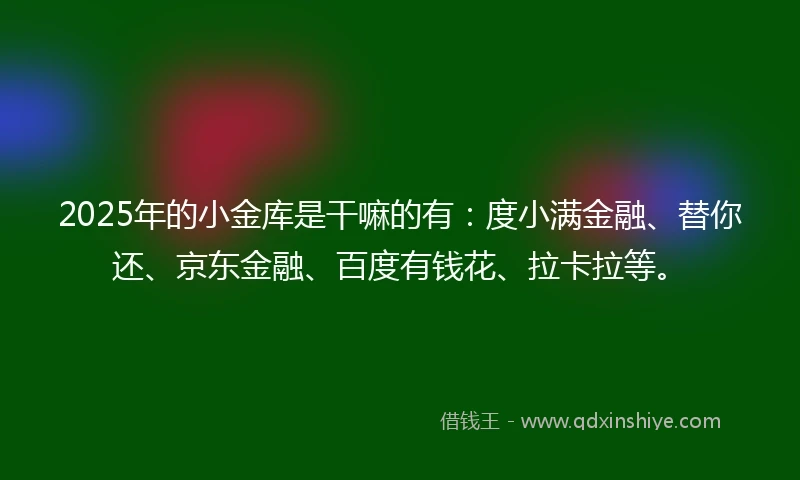2025年的小金库是干嘛的有：度小满金融、替你还、京东金融、百度有钱花、拉卡拉等。