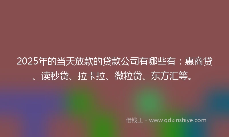 2025年的当天放款的贷款公司有哪些有：惠商贷、读秒贷、拉卡拉、微粒贷、东方汇等。