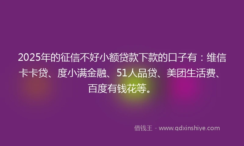 2025年的征信不好小额贷款下款的口子有：维信卡卡贷、度小满金融、51人品贷、美团生活费、百度有钱花等。