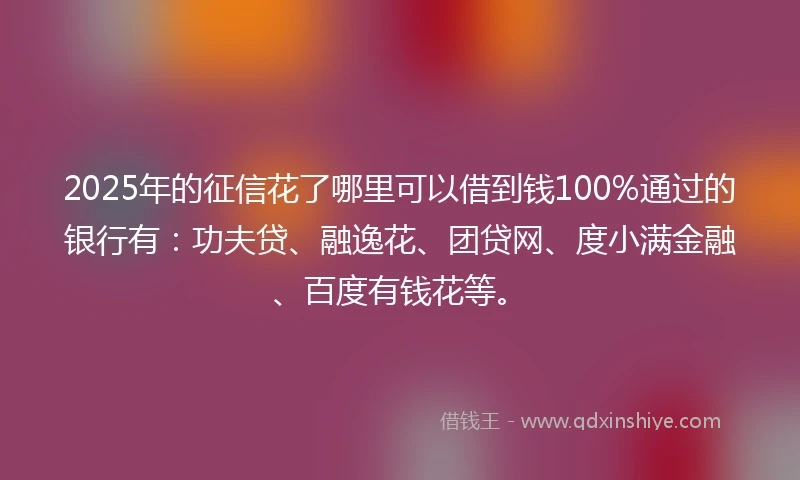 2025年的征信花了哪里可以借到钱100%通过的银行有：功夫贷、融逸花、团贷网、度小满金融、百度有钱花等。