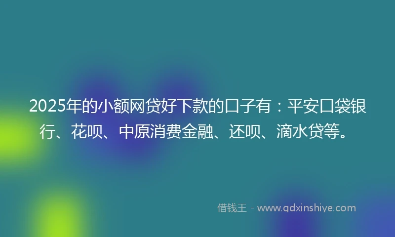 2025年的小额网贷好下款的口子有：平安口袋银行、花呗、中原消费金融、还呗、滴水贷等。
