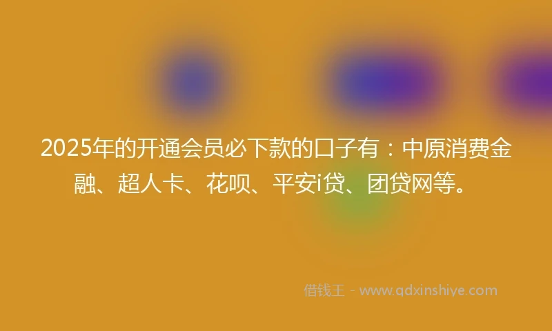 2025年的开通会员必下款的口子有：中原消费金融、超人卡、花呗、平安i贷、团贷网等。