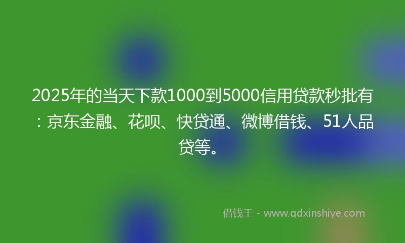 2025年的当天下款1000到5000信用贷款秒批有：京东金融、花呗、快贷通、微博借钱、51人品贷等。