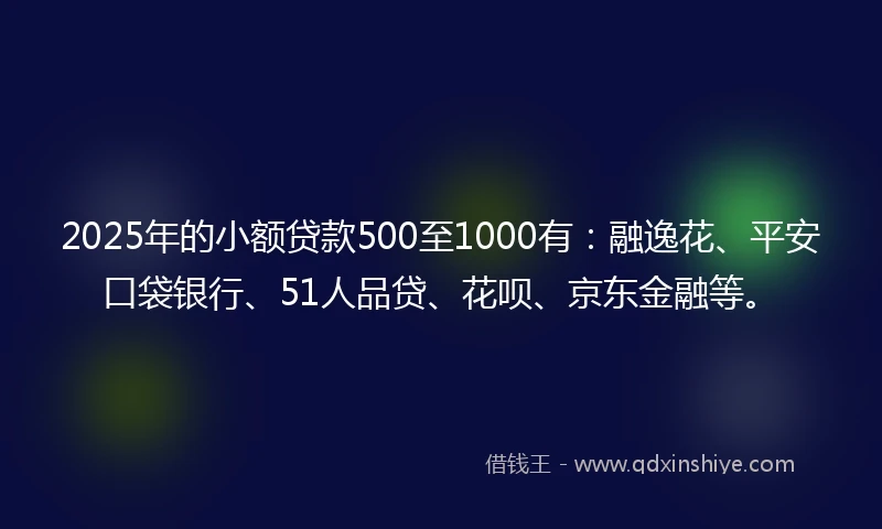 2025年的小额贷款500至1000有：融逸花、平安口袋银行、51人品贷、花呗、京东金融等。