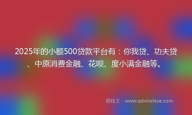 2025年的小额500贷款平台有：你我贷、功夫贷、中原消费金融、花呗、度小满金融等。