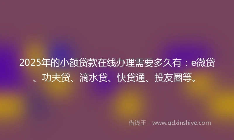 2025年的小额贷款在线办理需要多久有：e微贷、功夫贷、滴水贷、快贷通、投友圈等。