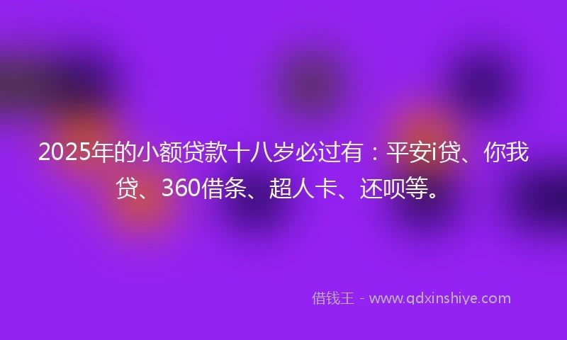 2025年的小额贷款十八岁必过有：平安i贷、你我贷、360借条、超人卡、还呗等。