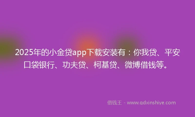 2025年的小金贷app下载安装有：你我贷、平安口袋银行、功夫贷、柯基贷、微博借钱等。