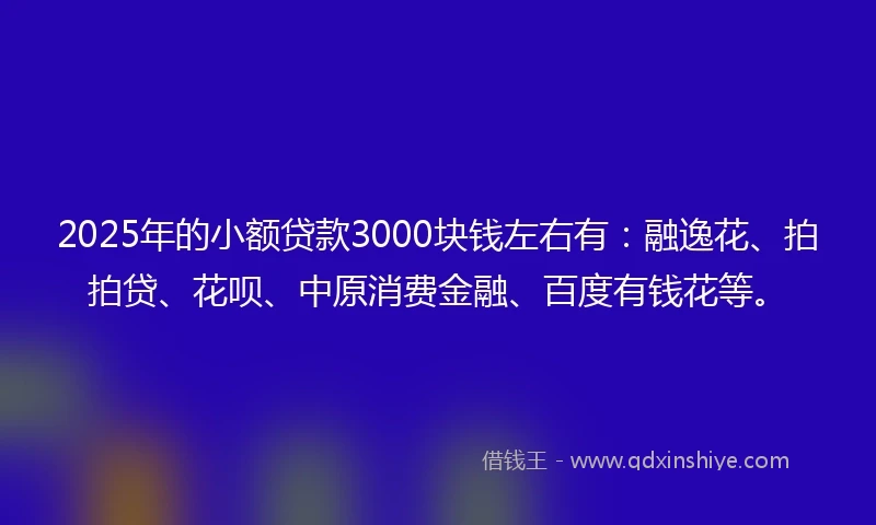 2025年的小额贷款3000块钱左右有：融逸花、拍拍贷、花呗、中原消费金融、百度有钱花等。