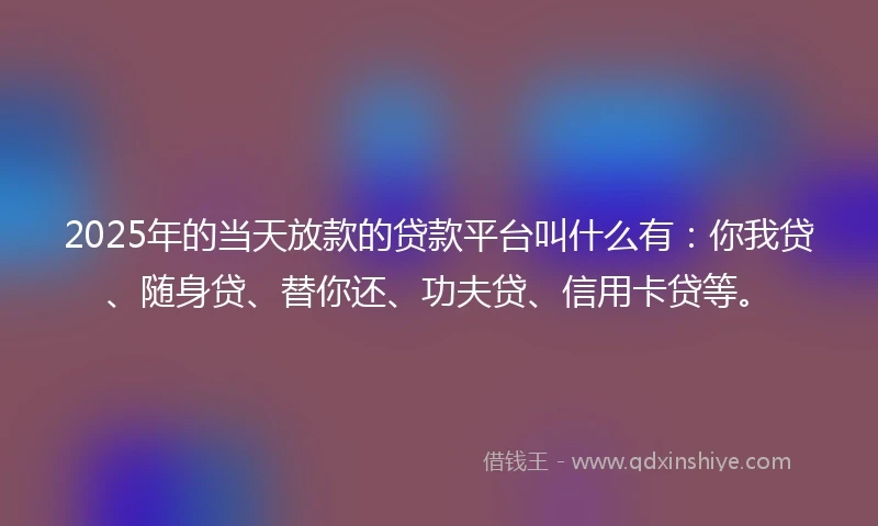 2025年的当天放款的贷款平台叫什么有：你我贷、随身贷、替你还、功夫贷、信用卡贷等。
