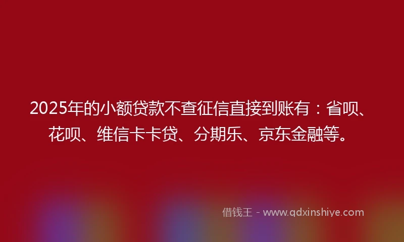 2025年的小额贷款不查征信直接到账有：省呗、花呗、维信卡卡贷、分期乐、京东金融等。