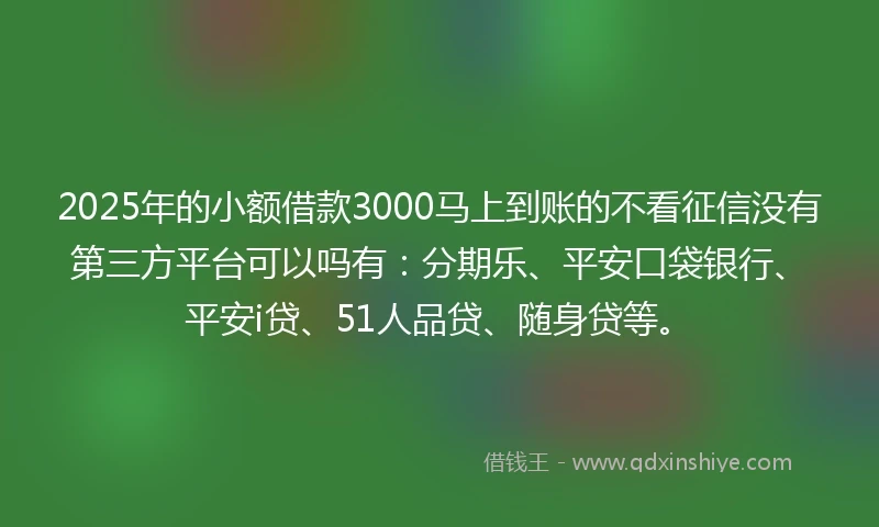 2025年的小额借款3000马上到账的不看征信没有第三方平台可以吗有：分期乐、平安口袋银行、平安i贷、51人品贷、随身贷等。