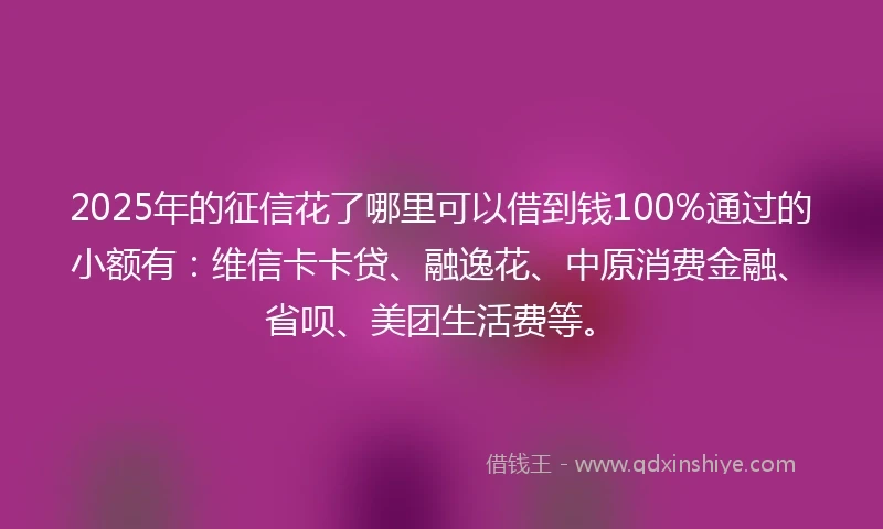 2025年的征信花了哪里可以借到钱100%通过的小额有:维信卡卡贷、融逸花、中原消费金融、省呗、美团生活费等。