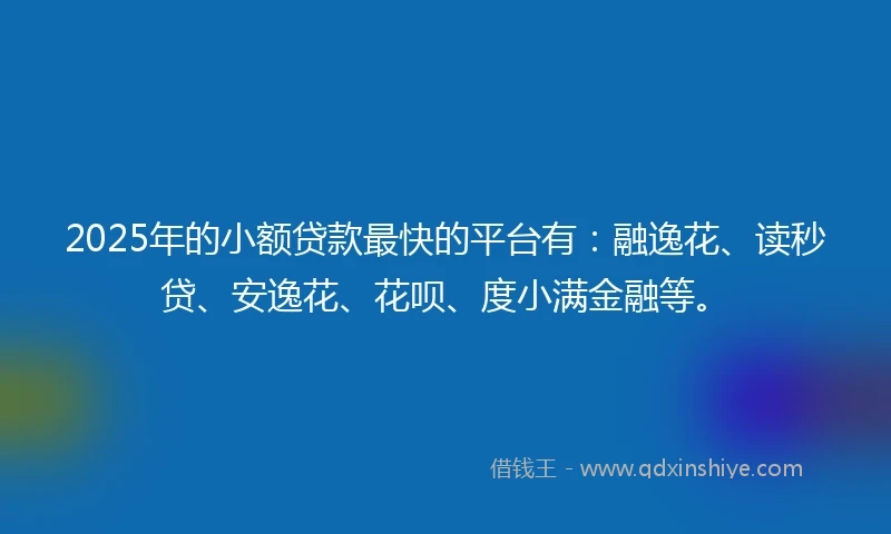 2025年的小额贷款最快的平台有：融逸花、读秒贷、安逸花、花呗、度小满金融等。