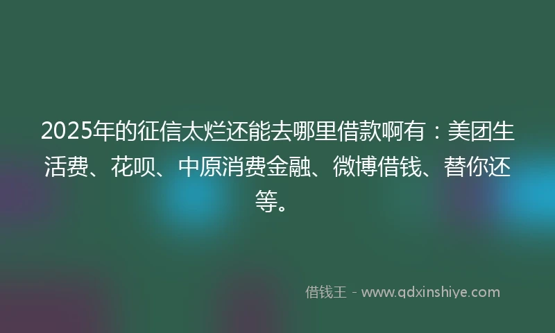 2025年的征信太烂还能去哪里借款啊有：美团生活费、花呗、中原消费金融、微博借钱、替你还等。