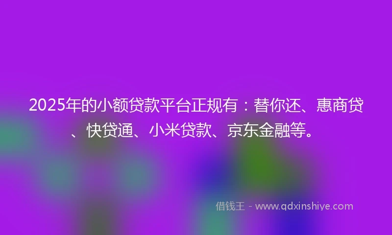 2025年的小额贷款平台正规有：替你还、惠商贷、快贷通、小米贷款、京东金融等。