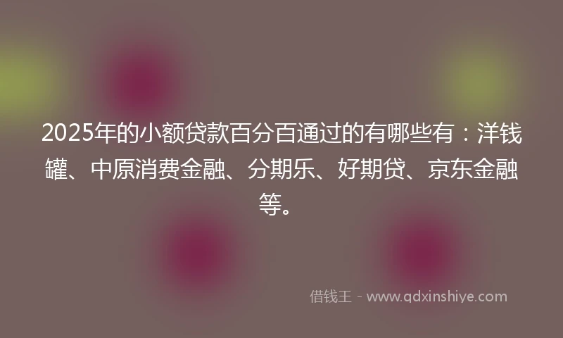 2025年的小额贷款百分百通过的有哪些有：洋钱罐、中原消费金融、分期乐、好期贷、京东金融等。