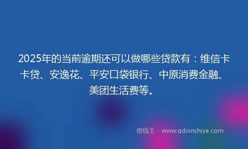 2025年的当前逾期还可以做哪些贷款有：维信卡卡贷、安逸花、平安口袋银行、中原消费金融、美团生活费等。