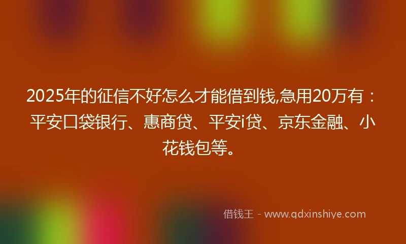 2025年的征信不好怎么才能借到钱,急用20万有：平安口袋银行、惠商贷、平安i贷、京东金融、小花钱包等。