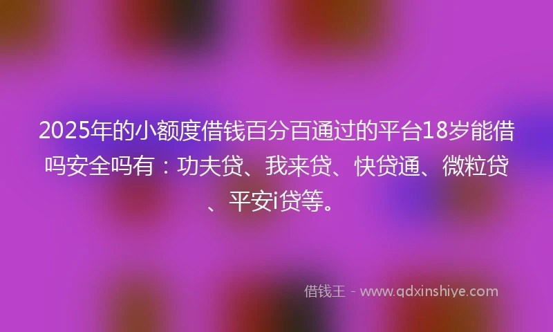 2025年的小额度借钱百分百通过的平台18岁能借吗安全吗有：功夫贷、我来贷、快贷通、微粒贷、平安i贷等。