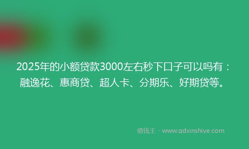 2025年的小额贷款3000左右秒下口子可以吗有：融逸花、惠商贷、超人卡、分期乐、好期贷等。