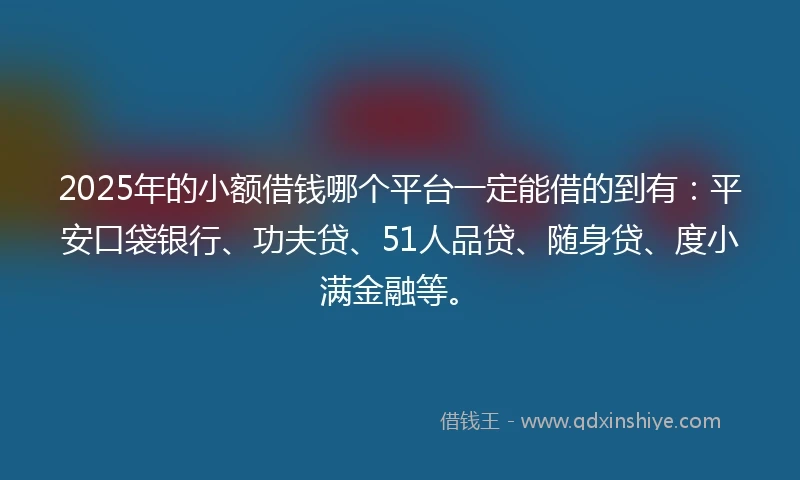 2025年的小额借钱哪个平台一定能借的到有：平安口袋银行、功夫贷、51人品贷、随身贷、度小满金融等。