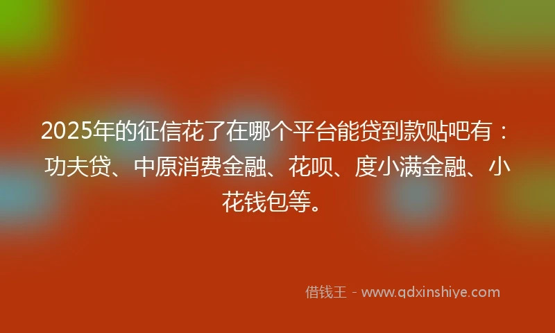 2025年的征信花了在哪个平台能贷到款贴吧有：功夫贷、中原消费金融、花呗、度小满金融、小花钱包等。