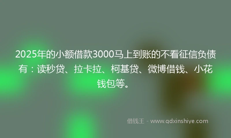 2025年的小额借款3000马上到账的不看征信负债有：读秒贷、拉卡拉、柯基贷、微博借钱、小花钱包等。
