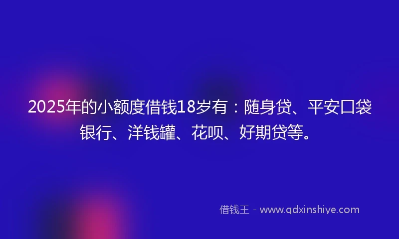 2025年的小额度借钱18岁有：随身贷、平安口袋银行、洋钱罐、花呗、好期贷等。