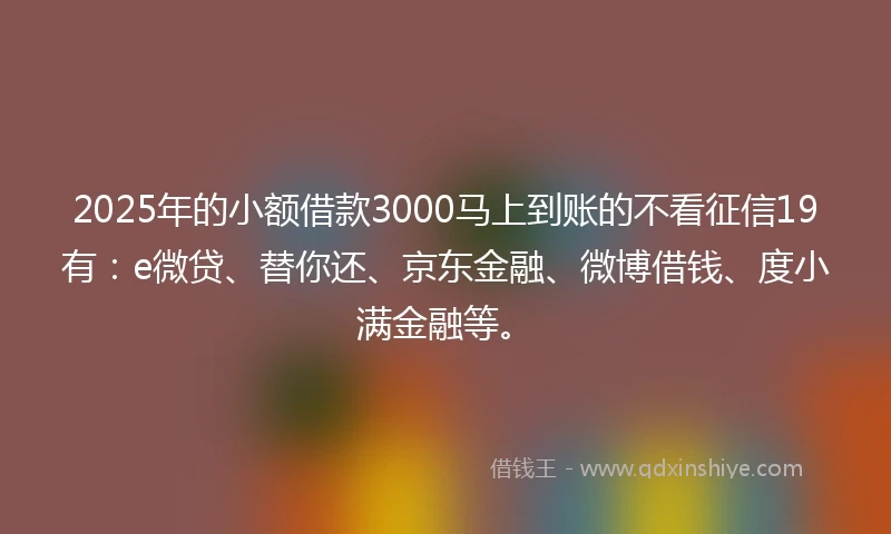2025年的小额借款3000马上到账的不看征信19有：e微贷、替你还、京东金融、微博借钱、度小满金融等。