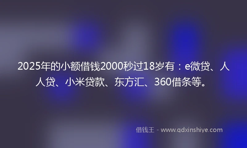 2025年的小额借钱2000秒过18岁有：e微贷、人人贷、小米贷款、东方汇、360借条等。