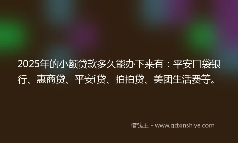 2025年的小额贷款多久能办下来有：平安口袋银行、惠商贷、平安i贷、拍拍贷、美团生活费等。