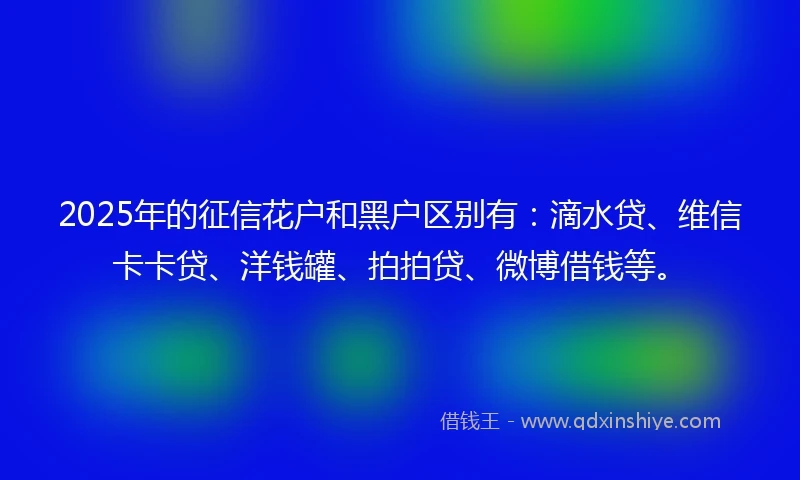 2025年的征信花户和黑户区别有：滴水贷、维信卡卡贷、洋钱罐、拍拍贷、微博借钱等。