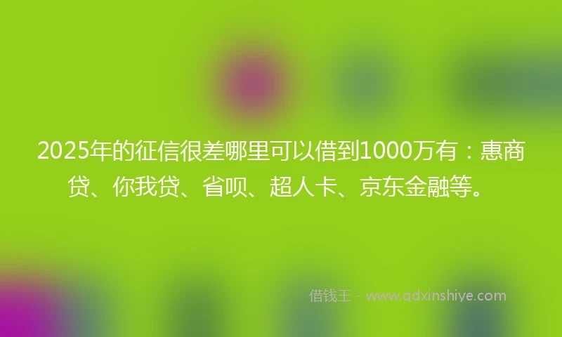 2025年的征信很差哪里可以借到1000万有：惠商贷、你我贷、省呗、超人卡、京东金融等。