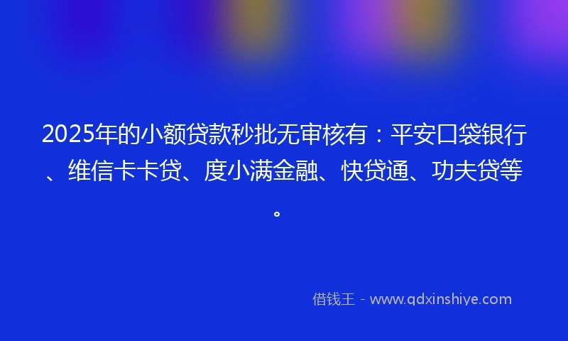 2025年的小额贷款秒批无审核有:平安口袋银行、维信卡卡贷、度小满金融、快贷通、功夫贷等。