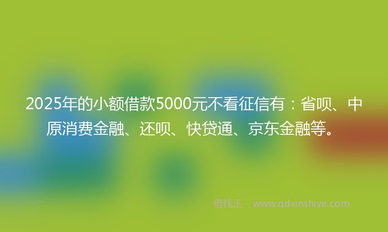 2025年的小额借款5000元不看征信有：省呗、中原消费金融、还呗、快贷通、京东金融等。