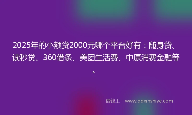 2025年的小额贷2000元哪个平台好有：随身贷、读秒贷、360借条、美团生活费、中原消费金融等。